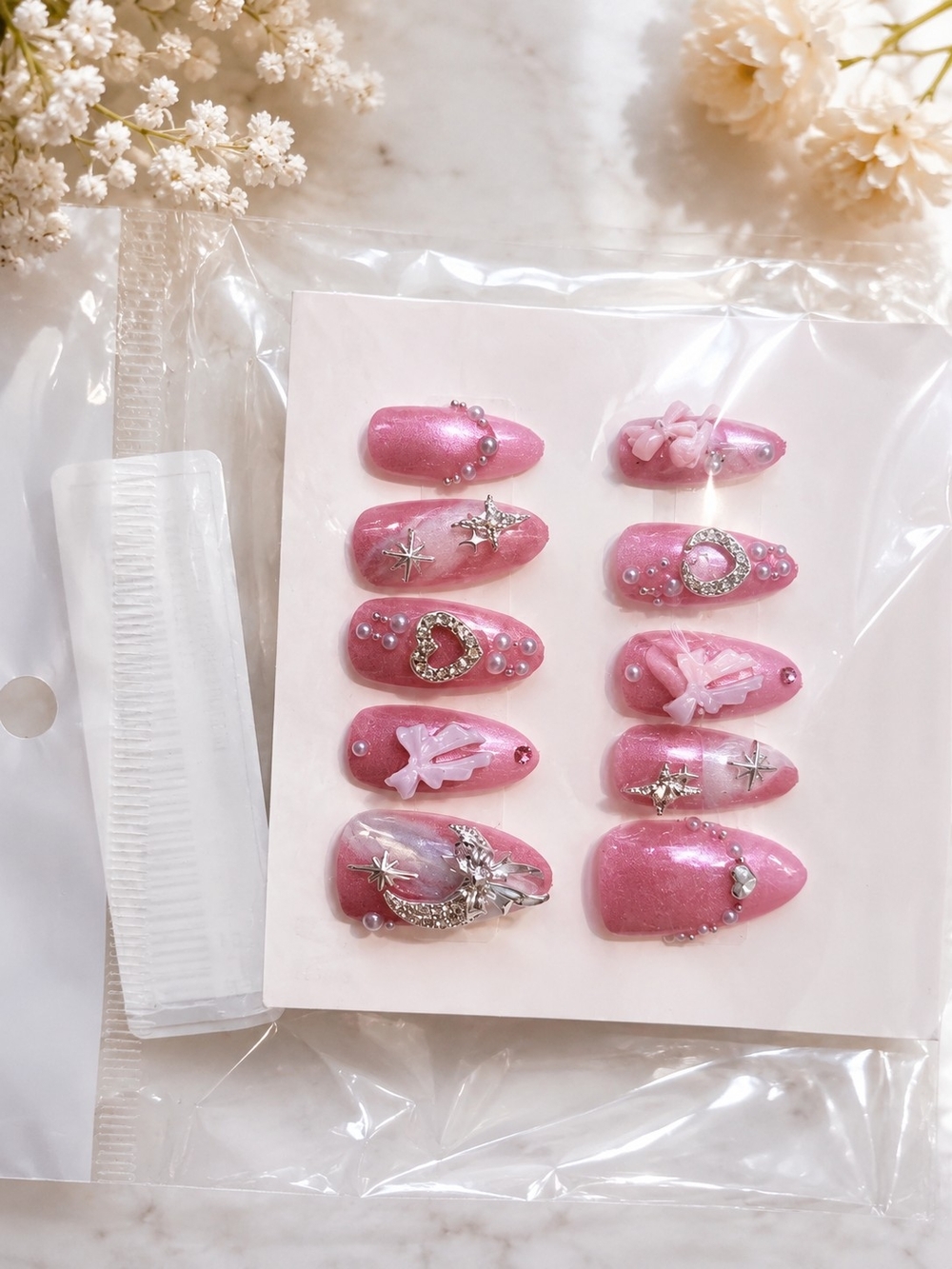 Pink Crystal Embellished Press-On Nail Set - Women Makeup